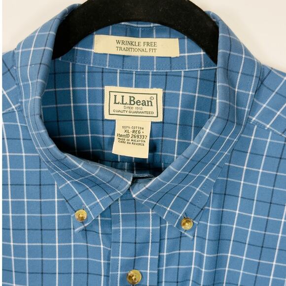 L.L. Bean Button Down Collared Long Sleeve Cotton Blue Plaid Casual Mens Size XL - Picture 2 of 8